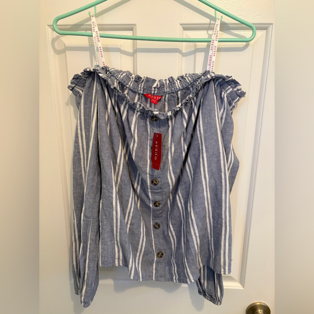 NWT GUESS Small Blue Striped Off the Shoulder Women's Top